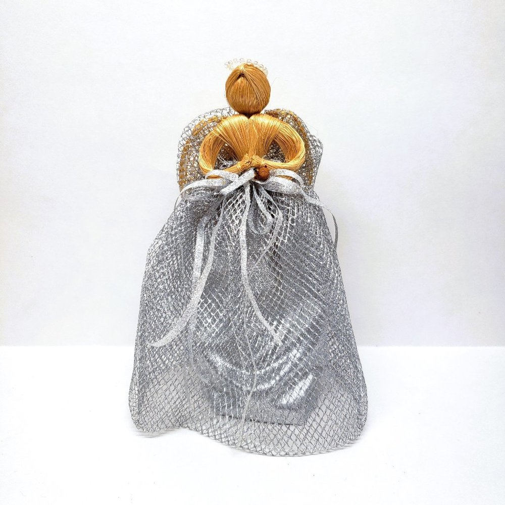 Straw Angel Figure Silver Mesh Halo Wings Ribbon 8"
